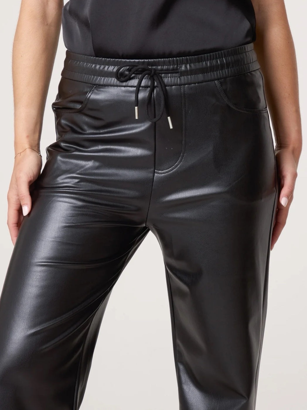PU Leather Drawstring Trousers - Black