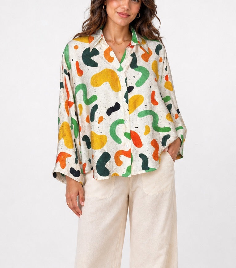 Abstract Print Rhinestone embellished Shirt - Green