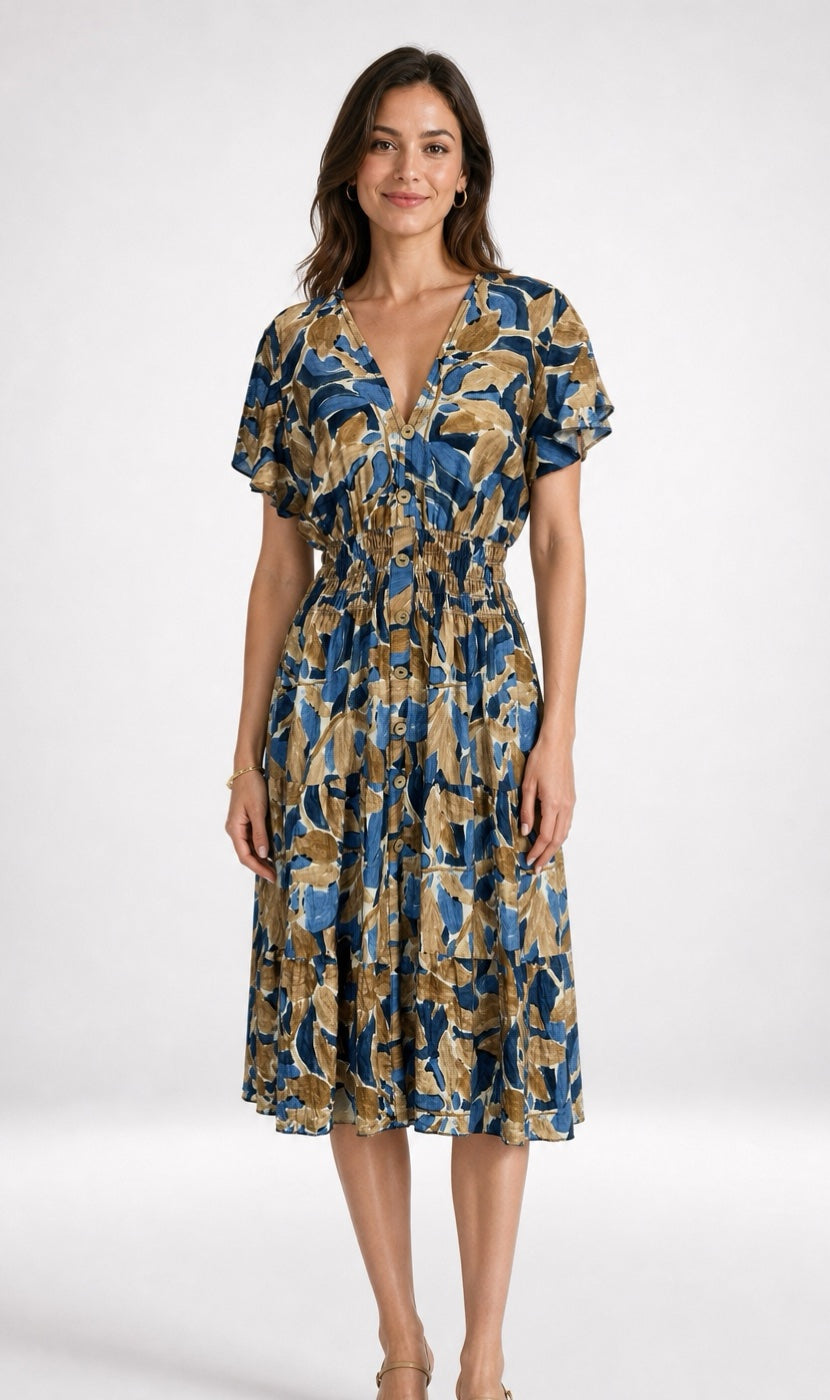 Abstract Leaf Flutter Sleeve Midi Dress - Mixed Pack