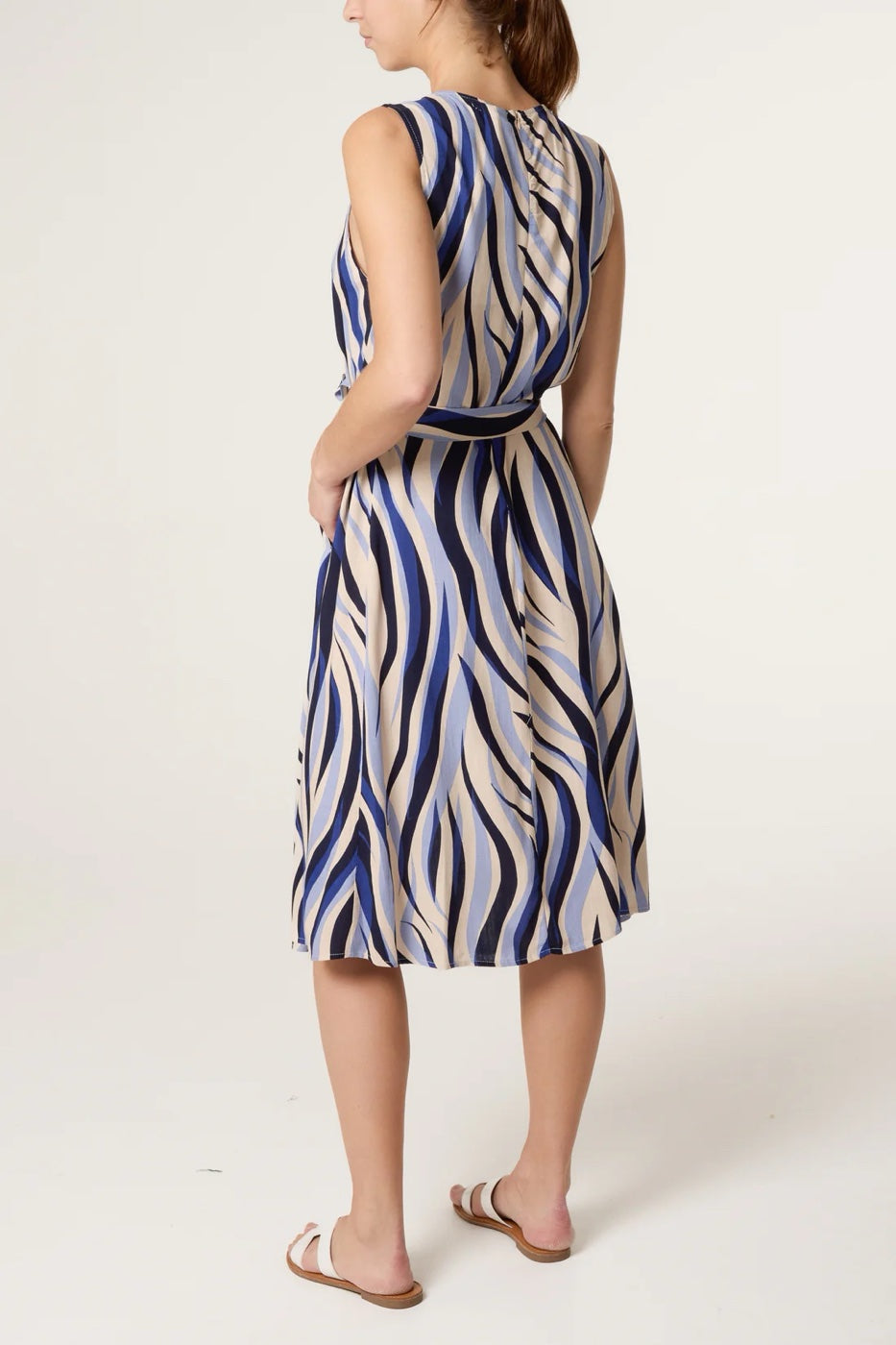 Abstract Print Tie-Waist Midi Dress - Cobalt Blue