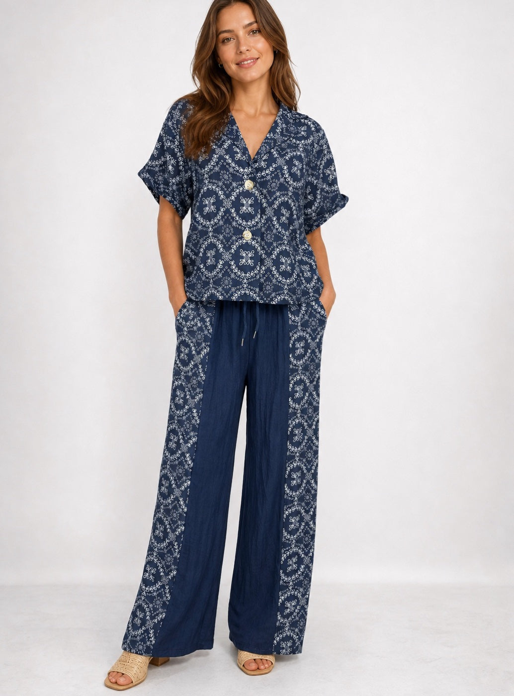 Panel Print Linen Mix Wide-Leg Trousers - Mixed Pack