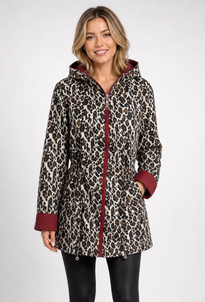 Hooded Parka Jacket with Leopard Print Lining - Wine