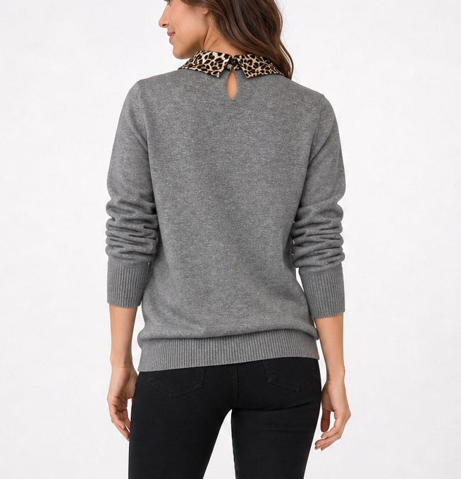 Embellished Leopard Print Collar Knit Sweater - Grey