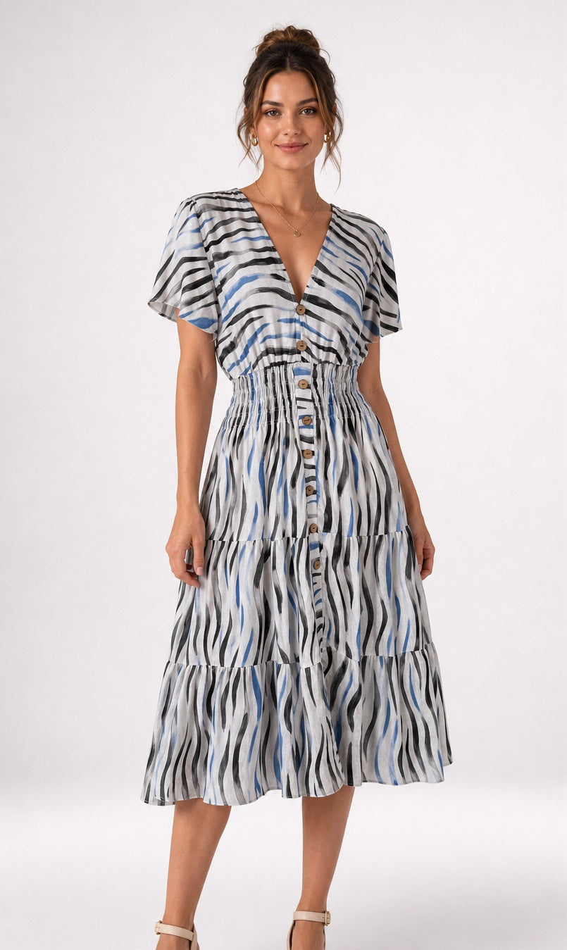 Animal Stripe Midi Dress with Flutter Sleeves - Mixed Pack