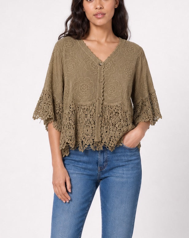 Embroidered Lace-Trimmed Blouse - Mocha