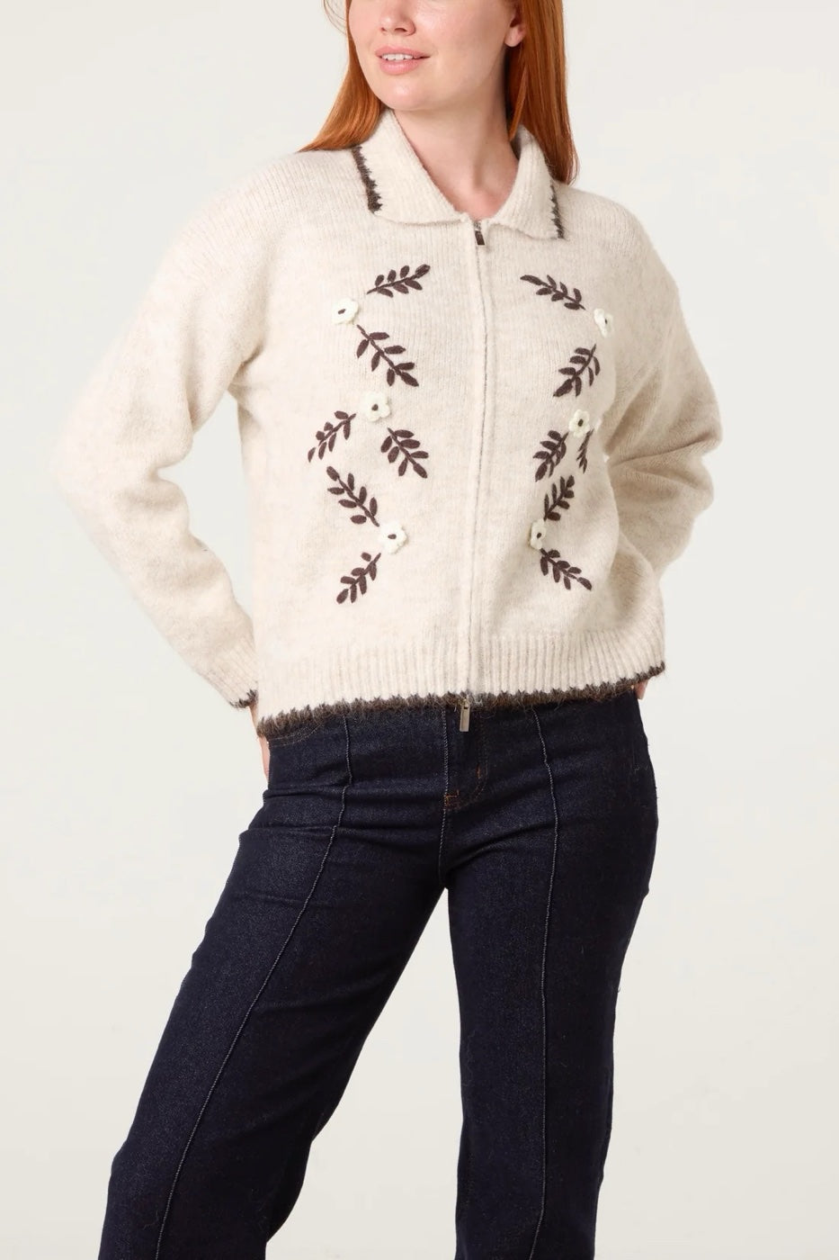 Embroidered Zip-Up Cardigan with Collar - Ivory