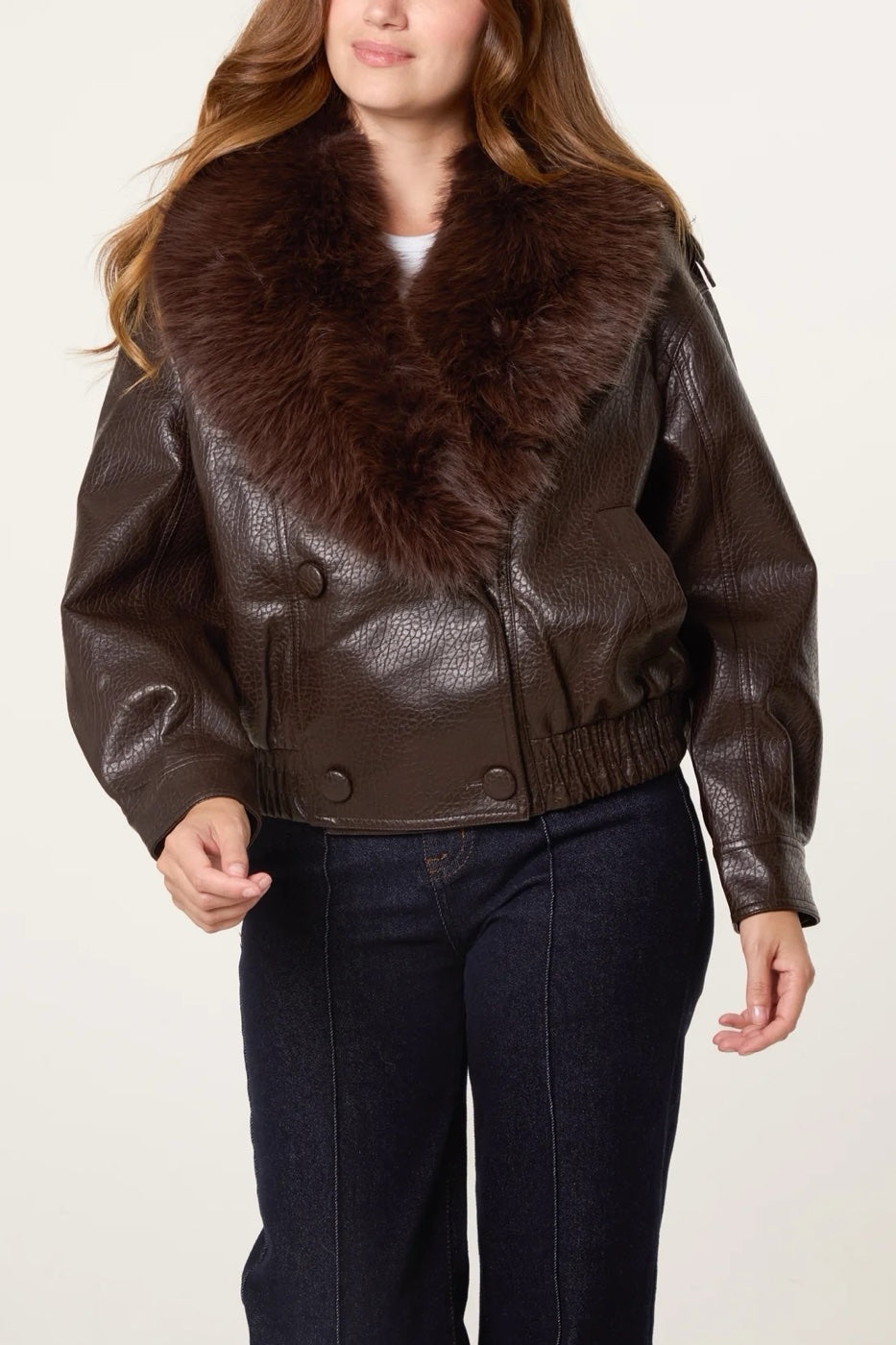 Faux Fur Collar Button Up Jacket - Chocolate