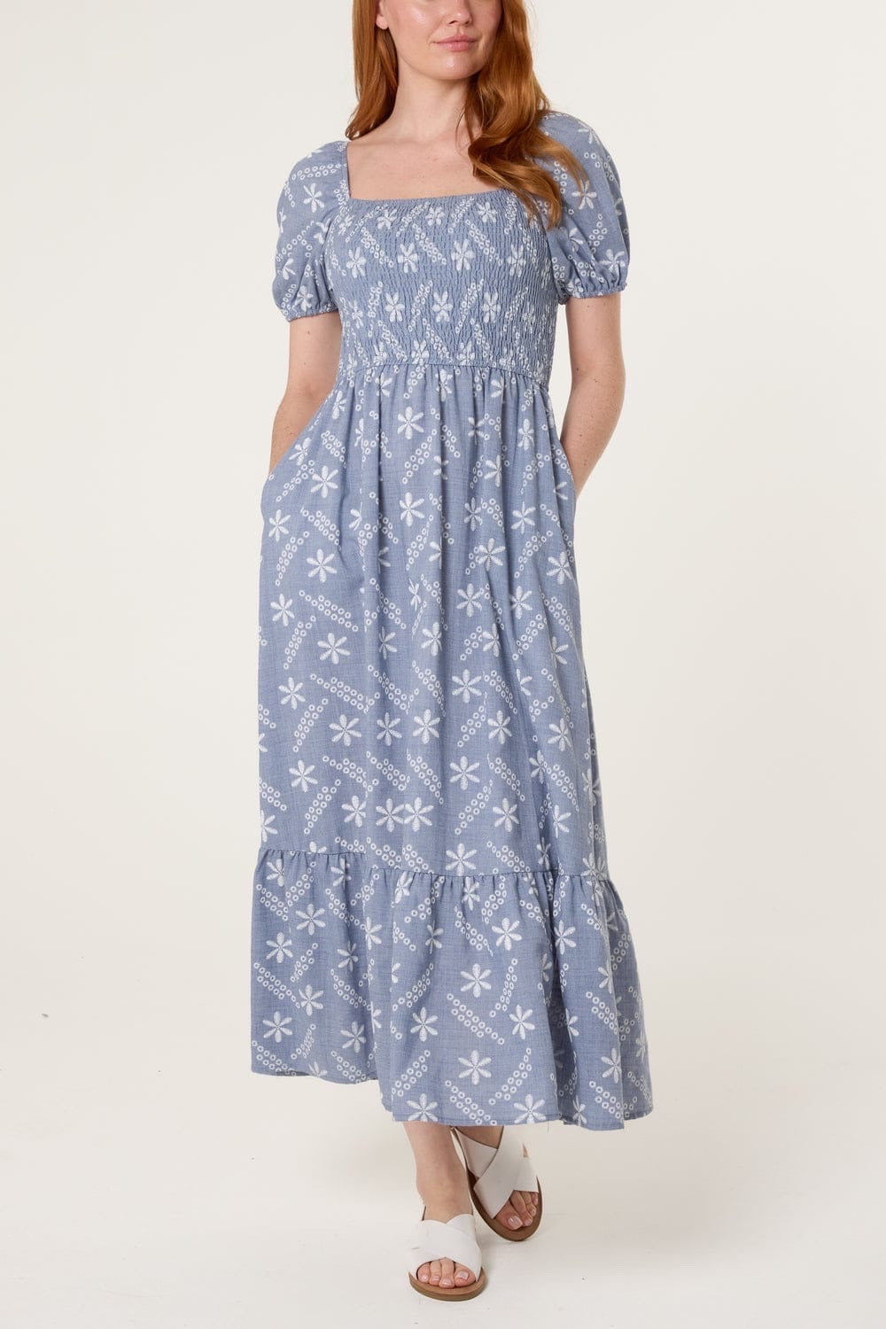 Smocked Puff Sleeve Midi Dress - Light Blue