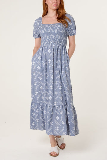 Smocked Puff Sleeve Midi Dress - Light Blue