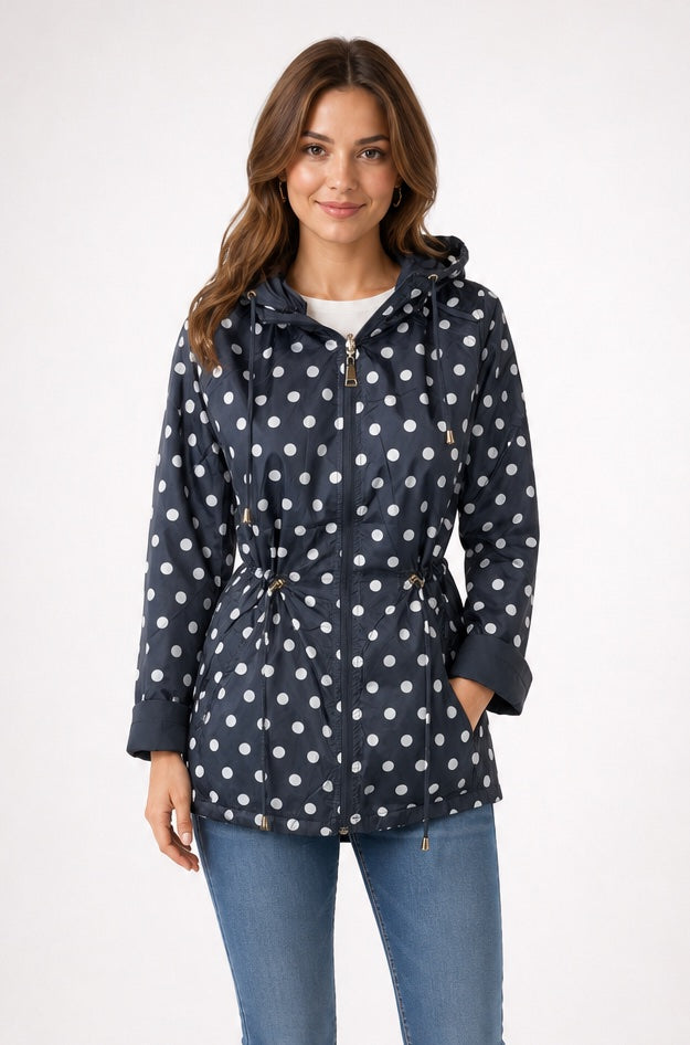 Polka Dot Lined Hooded Parka - Navy (3)