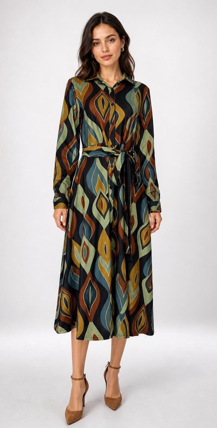 Abstract Print Midi Shirt Dress - Black