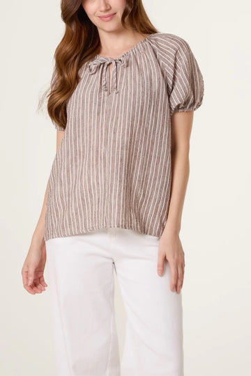 Striped Tie-Neck Peasant Blouse - Mocha