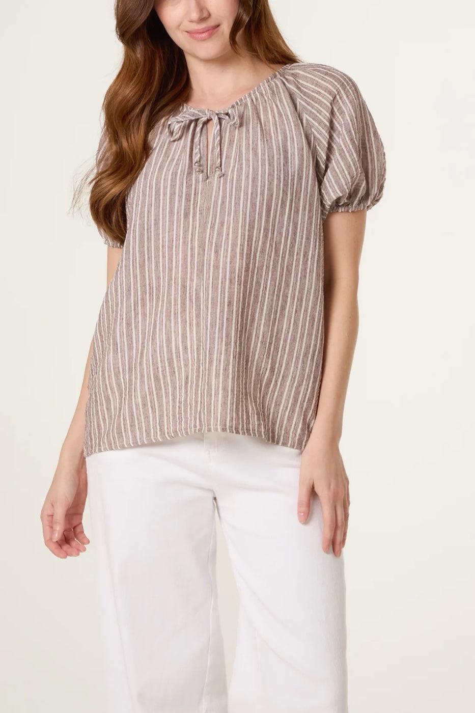 Striped Tie-Neck Peasant Blouse - Mocha