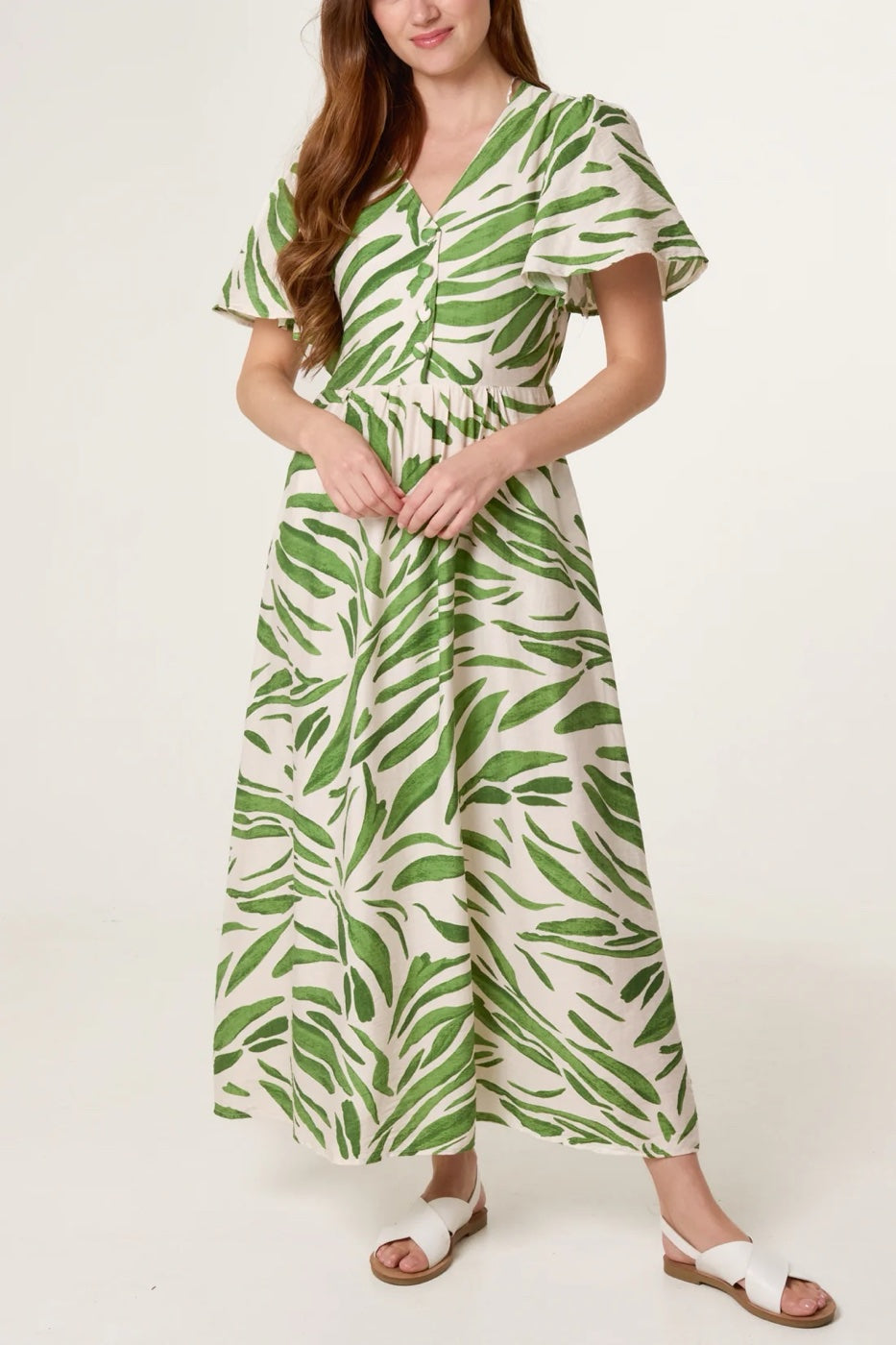 Abstract Print Maxi Dress with Flutter Sleeves - Green
