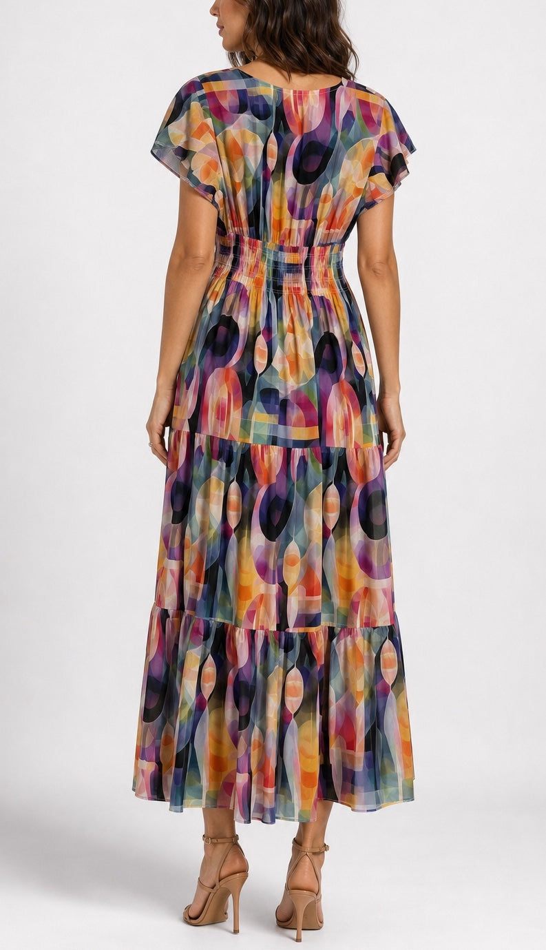 Abstract Print Smocked Maxi Dress 962-L1 - Multi