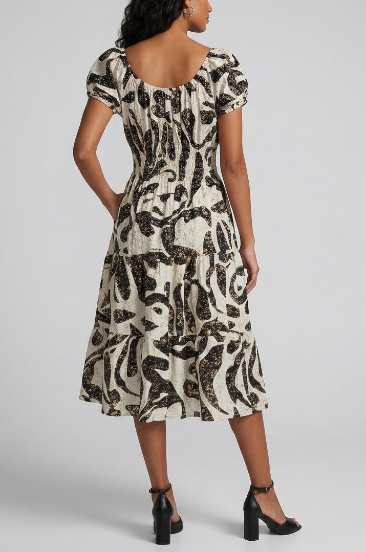 Shirred Puff Sleeve Midi Dress - Black