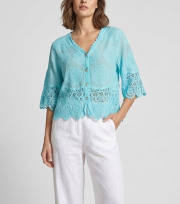Embroidered Lace-Trimmed Blouse - Turquoise