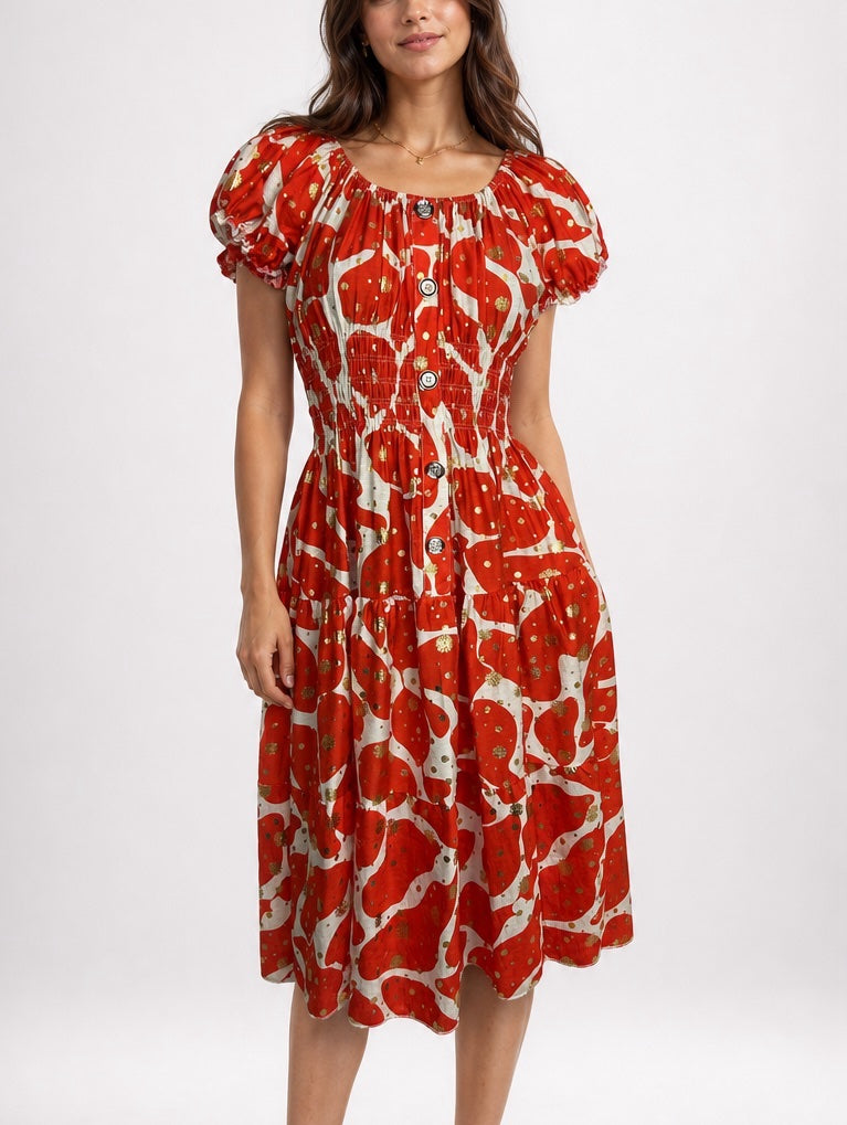 Red Foil Block Puff Sleeve Dress - Bright Red