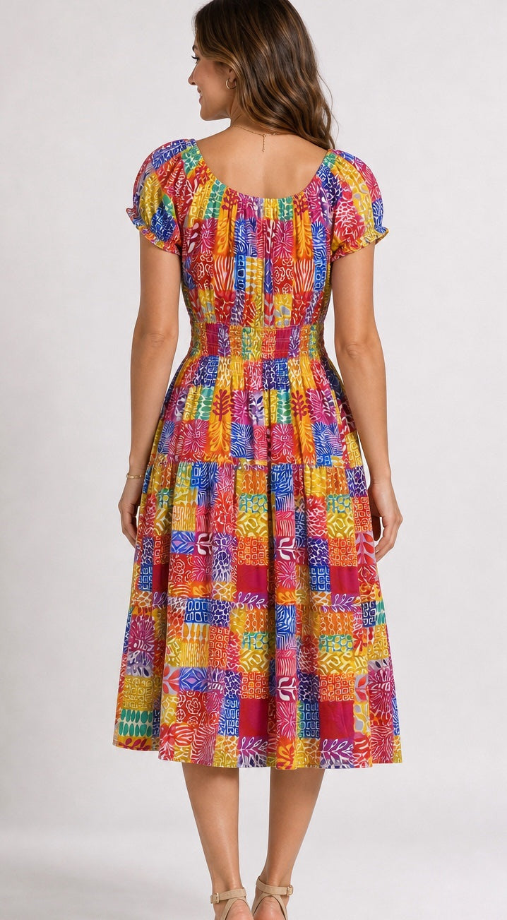 Shirred Bodice Vibrant Patch Midi Dress - Hot Pink (2)