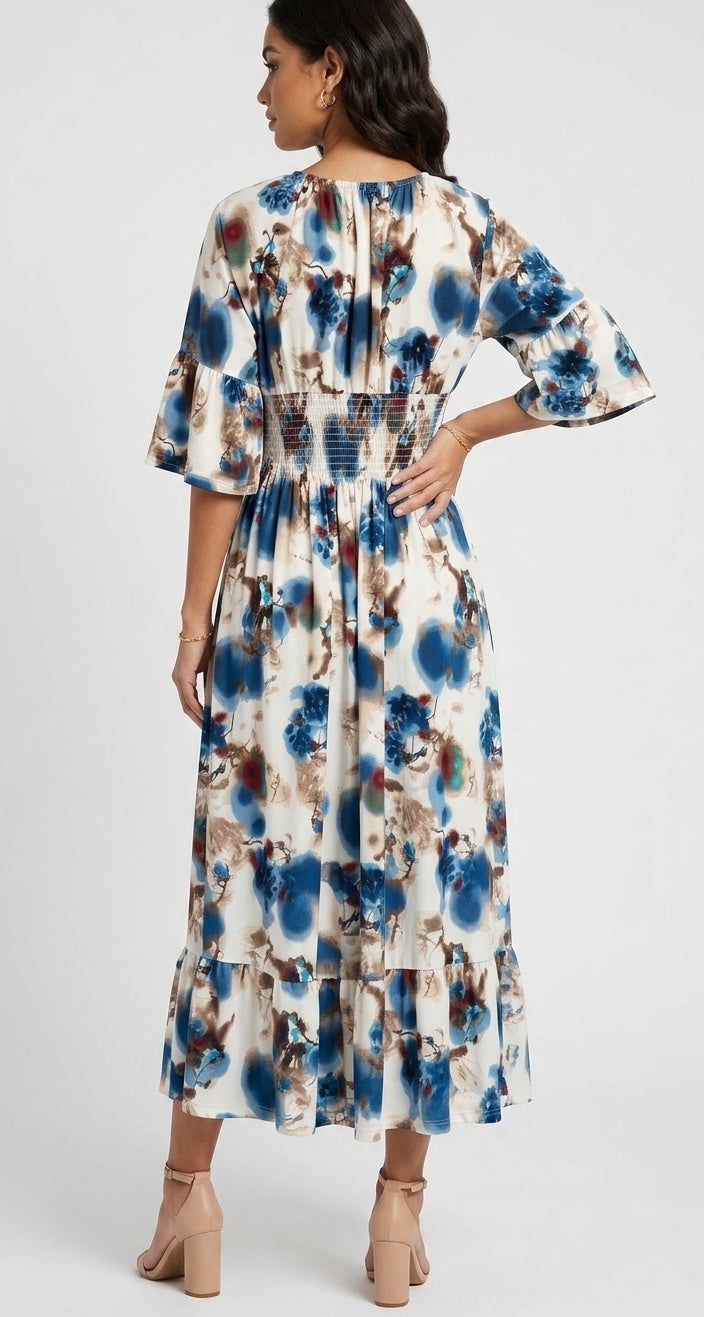 Abstract Shirred Bodice Maxi Dress - Blue