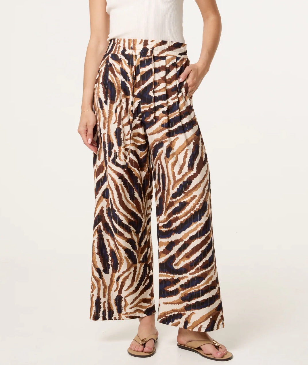 Animal Print Wide Leg Trousers - Brown