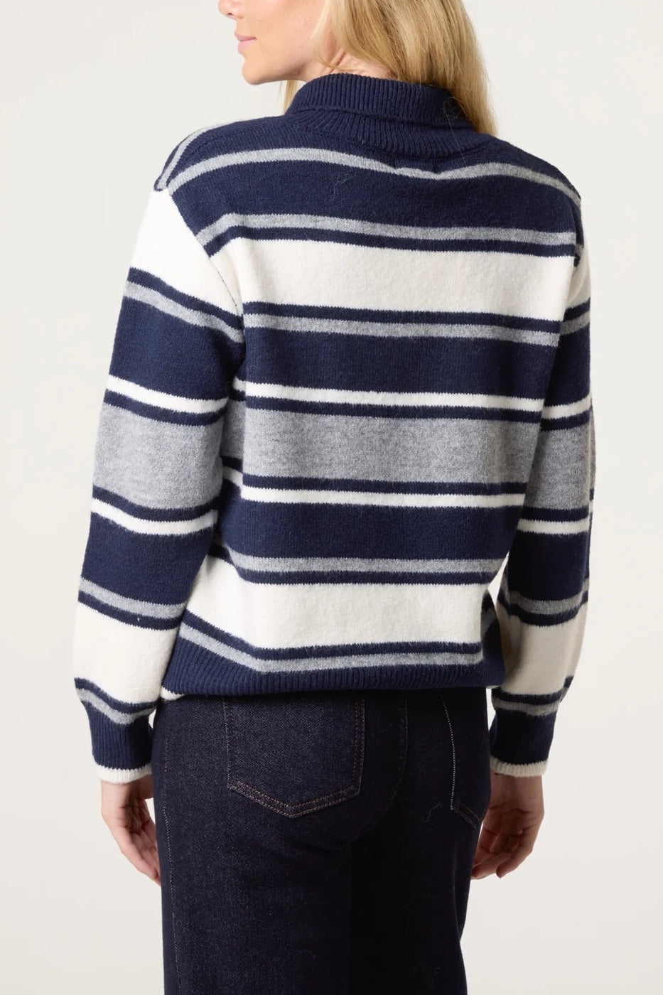 Striped Knitted Polo Jumper - Navy/Grey (2)