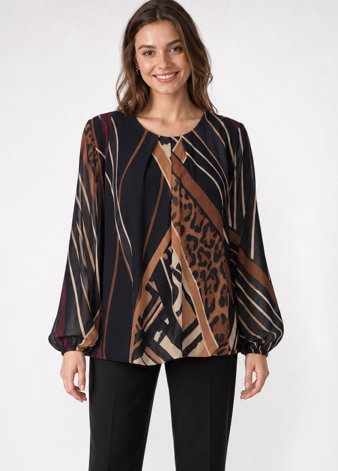 Abstract Print Pleated Blouse - Black