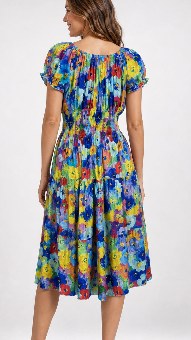 Watercolour Flower Puff Sleeve Midi Dress - Cobalt Blue (2)