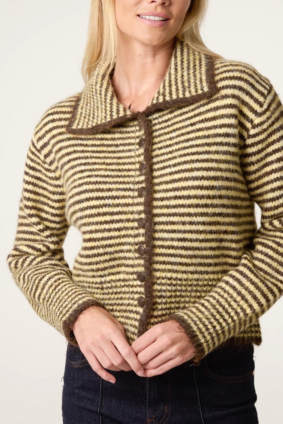 Striped Collared Wool Blend Cardigan - Yellow/Brown