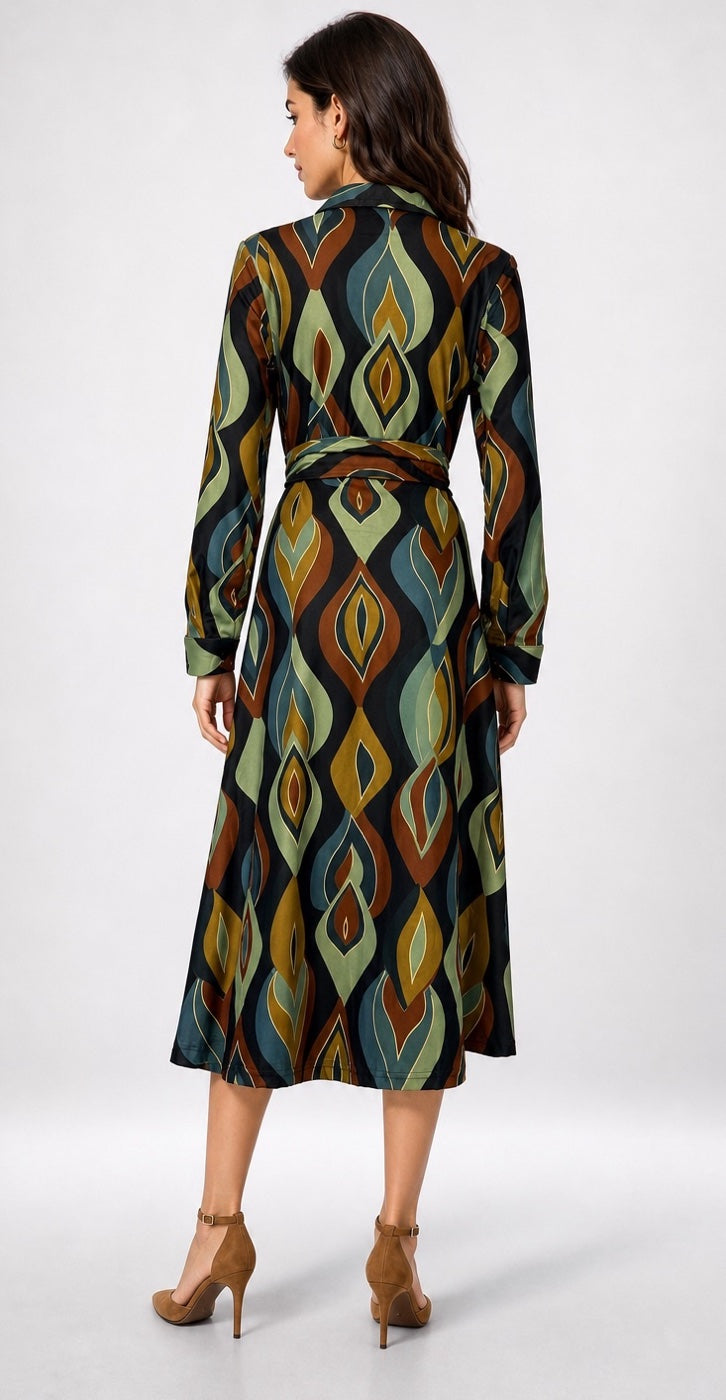 Abstract Print Midi Shirt Dress - Black (2)
