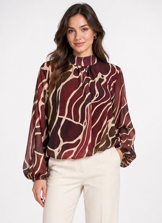Abstract Print High Neck Blouse - Wine