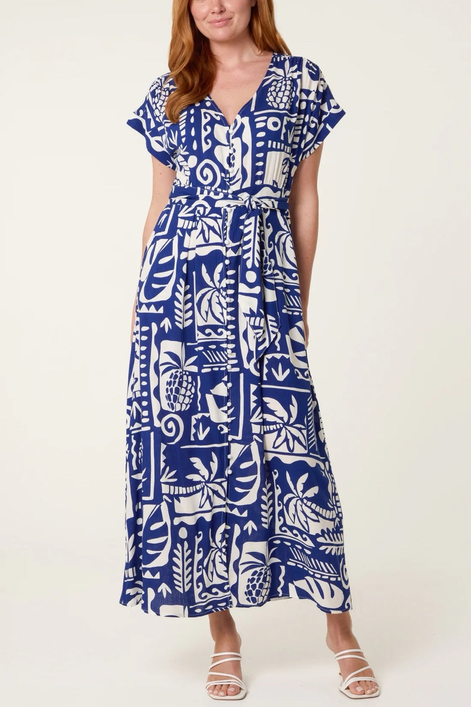 Tropical Print Maxi Dress with Tie Waist - Royal Blue