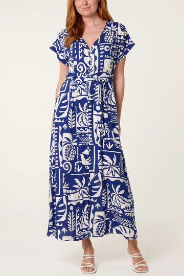 Tropical Print Maxi Dress with Tie Waist - Royal Blue