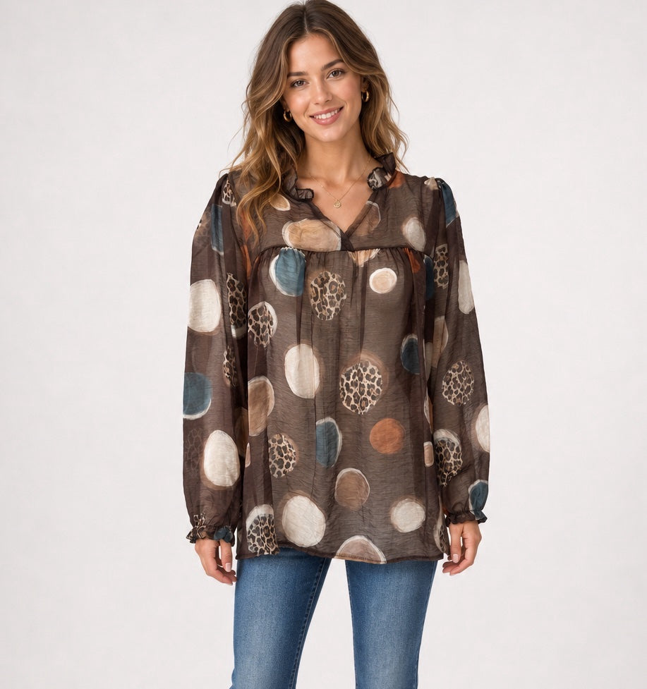 Animal Spot Printed Sheer Blouse - Chocolate