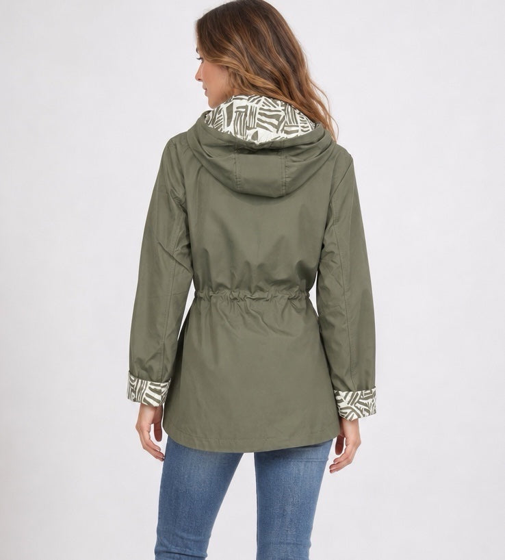 Hooded Parka Jacket with Printed Lining - Khaki (2)