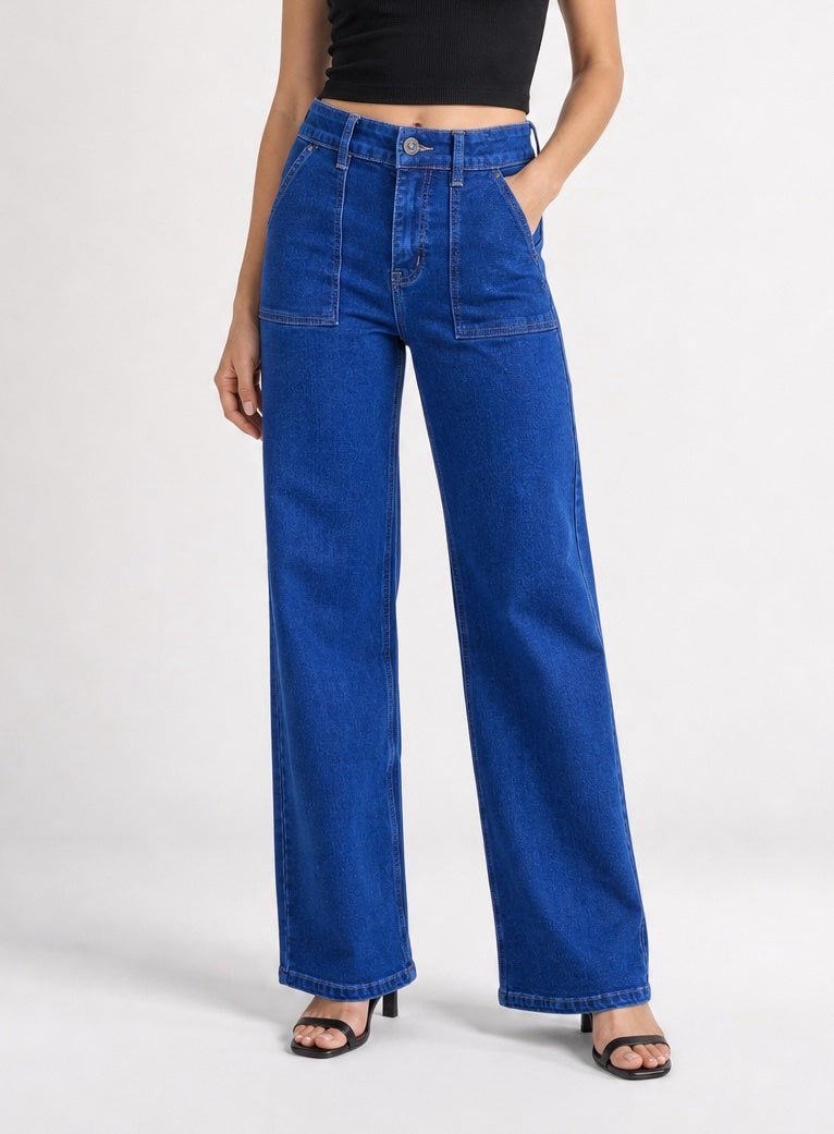 High Waisted Wide Leg Denim Trousers - Indigo
