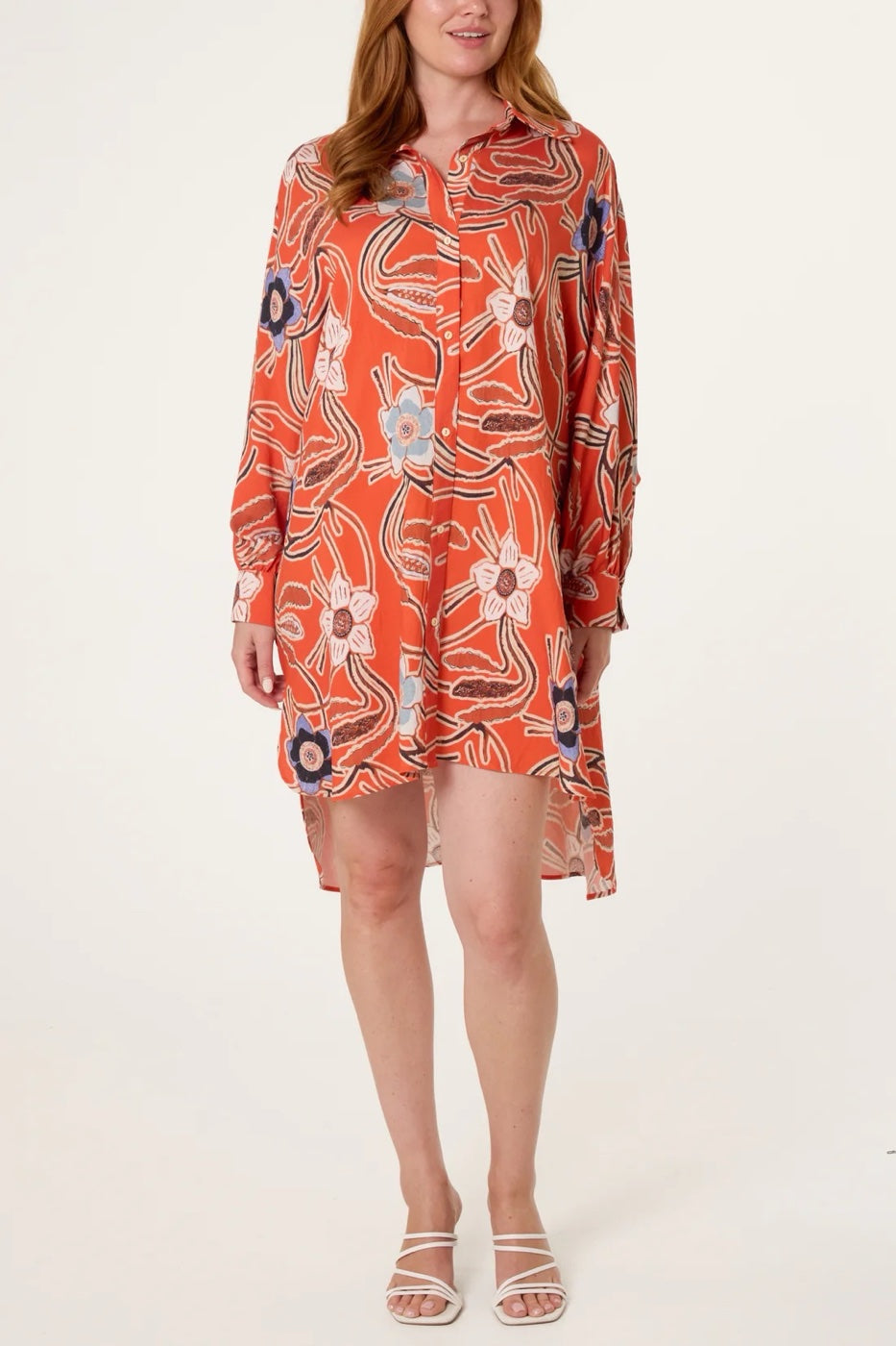 Abstract Floral Print Shirt Dress - Bright Orange