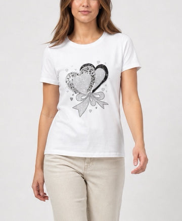 Sparkling Hearts Embellished T-Shirt - White