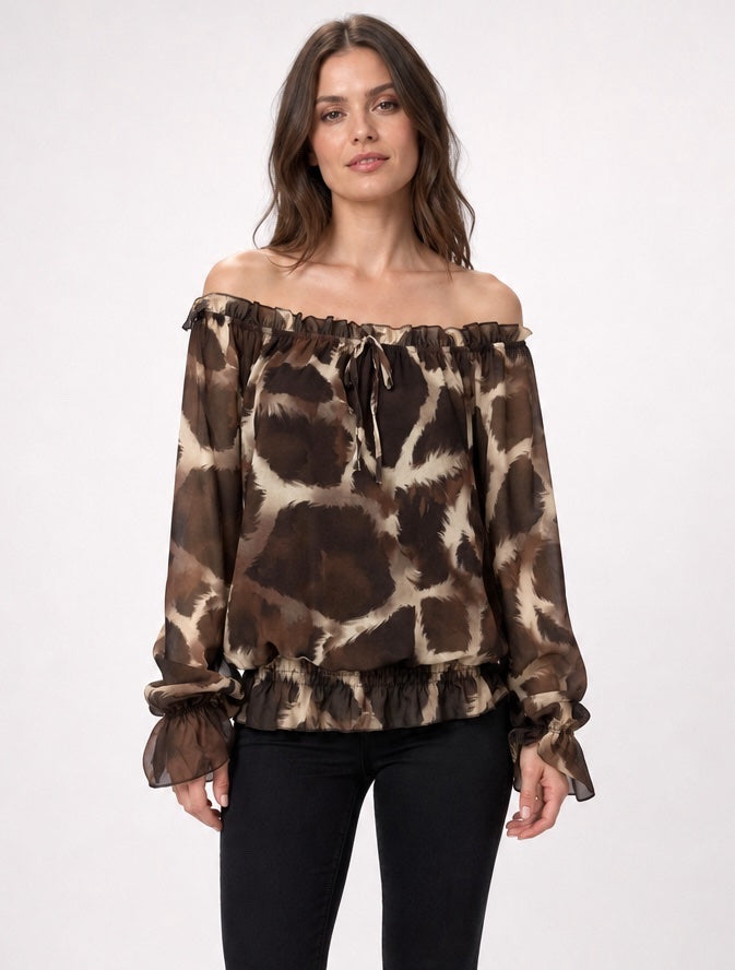 Animal Print Off-the-Shoulder Blouse - Chocolate
