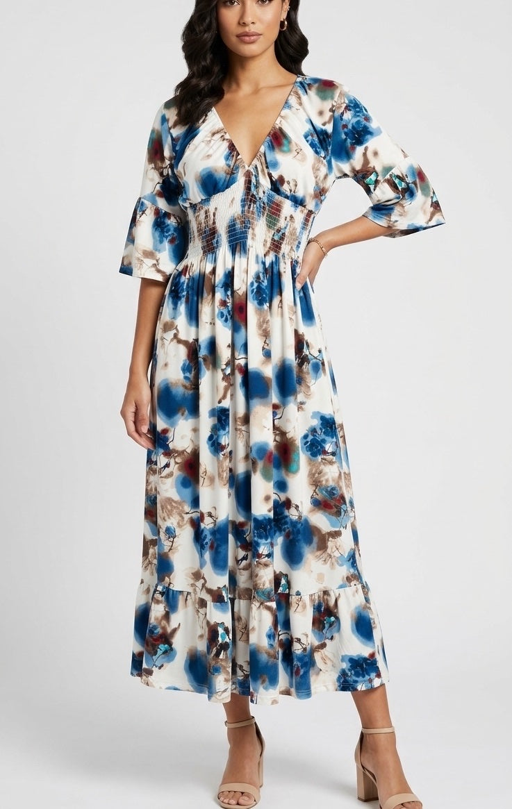 Abstract Shirred Bodice Maxi Dress - Blue