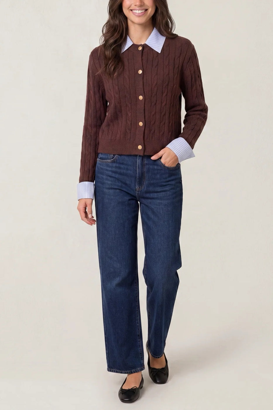 Cable Knit Button-Front Cardigan - Chocolate (2)