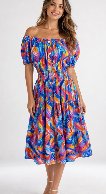 Vibrant Colour Wave Shirred Midi Dress - Cobalt Blue