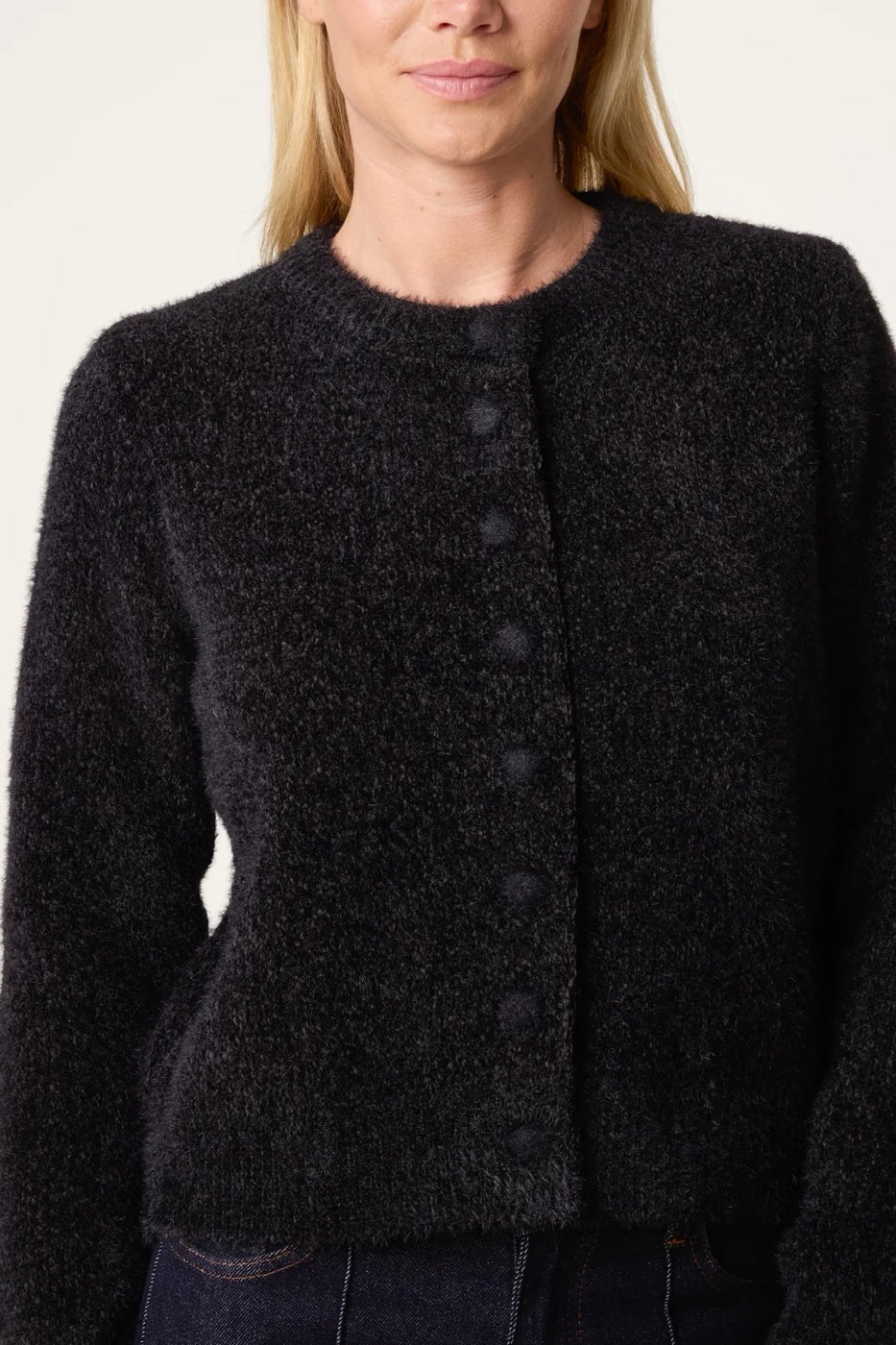 Textured Knit Cropped Cardigan - Black