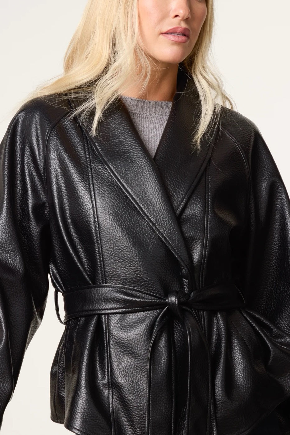 Textured Faux Leather Wrap Jacket - Black