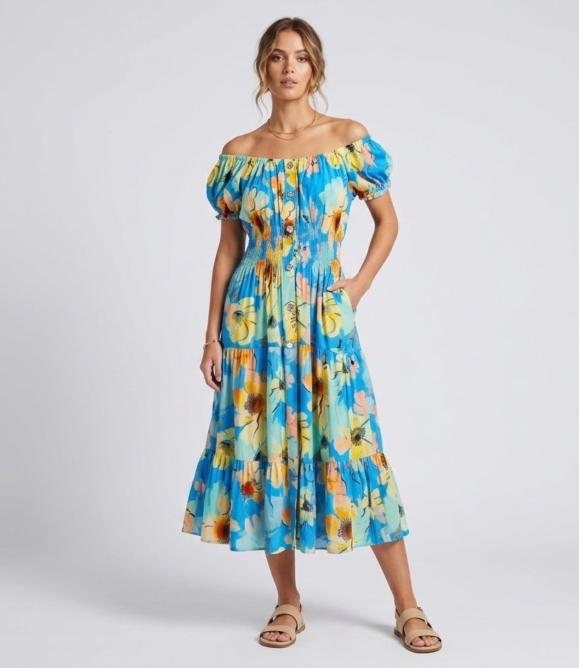 Bohemian Off-Shoulder Tiered Midi Dress - Cornflower Blue