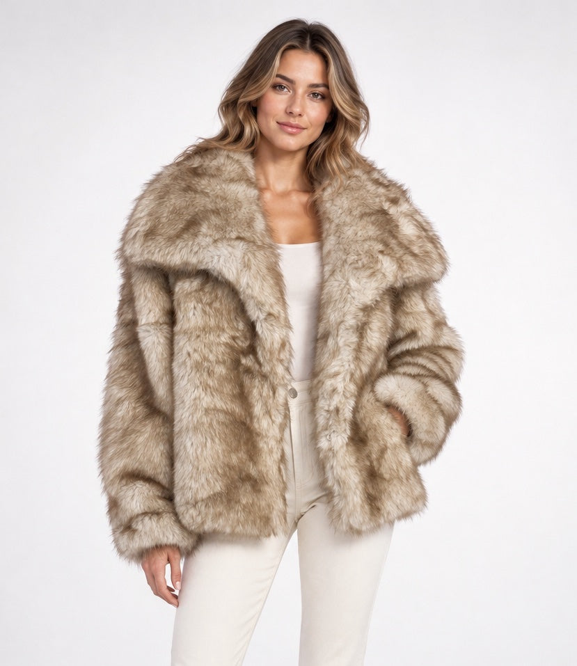 Luxurious Faux Fur Jacket with Oversized Collar - Stone
