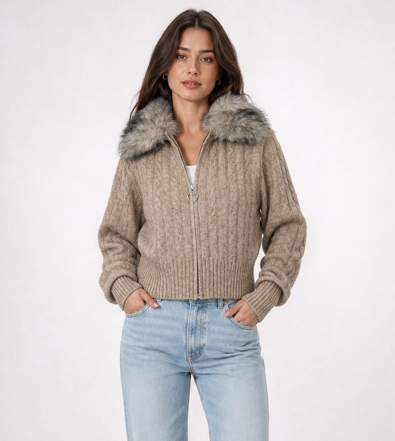 Faux Fur Collar Cable Knit Cardigan - Mixed Pack