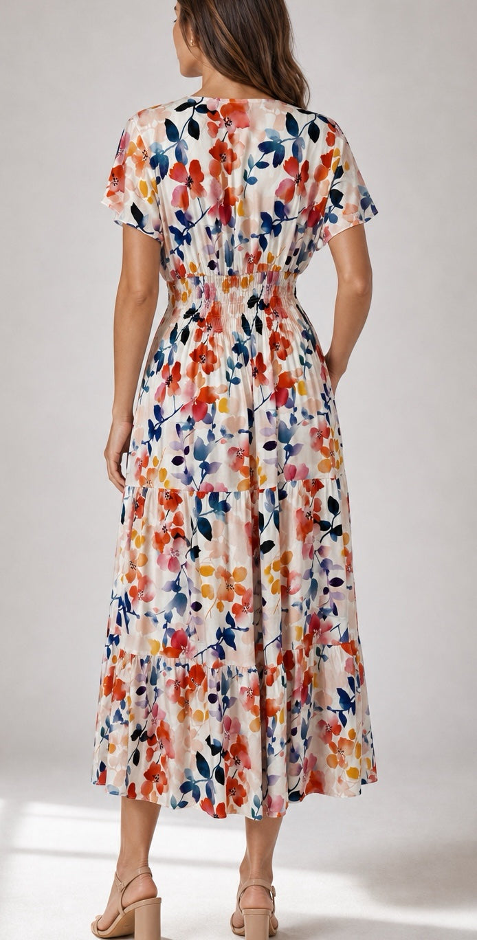 Floral Tiered Maxi Dress with Shirred Waist - White (2)