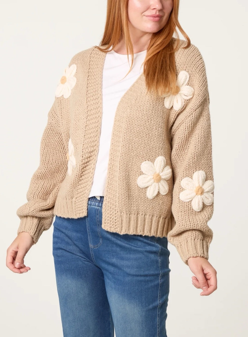 Floral Applique Knit Cardigan - Beige