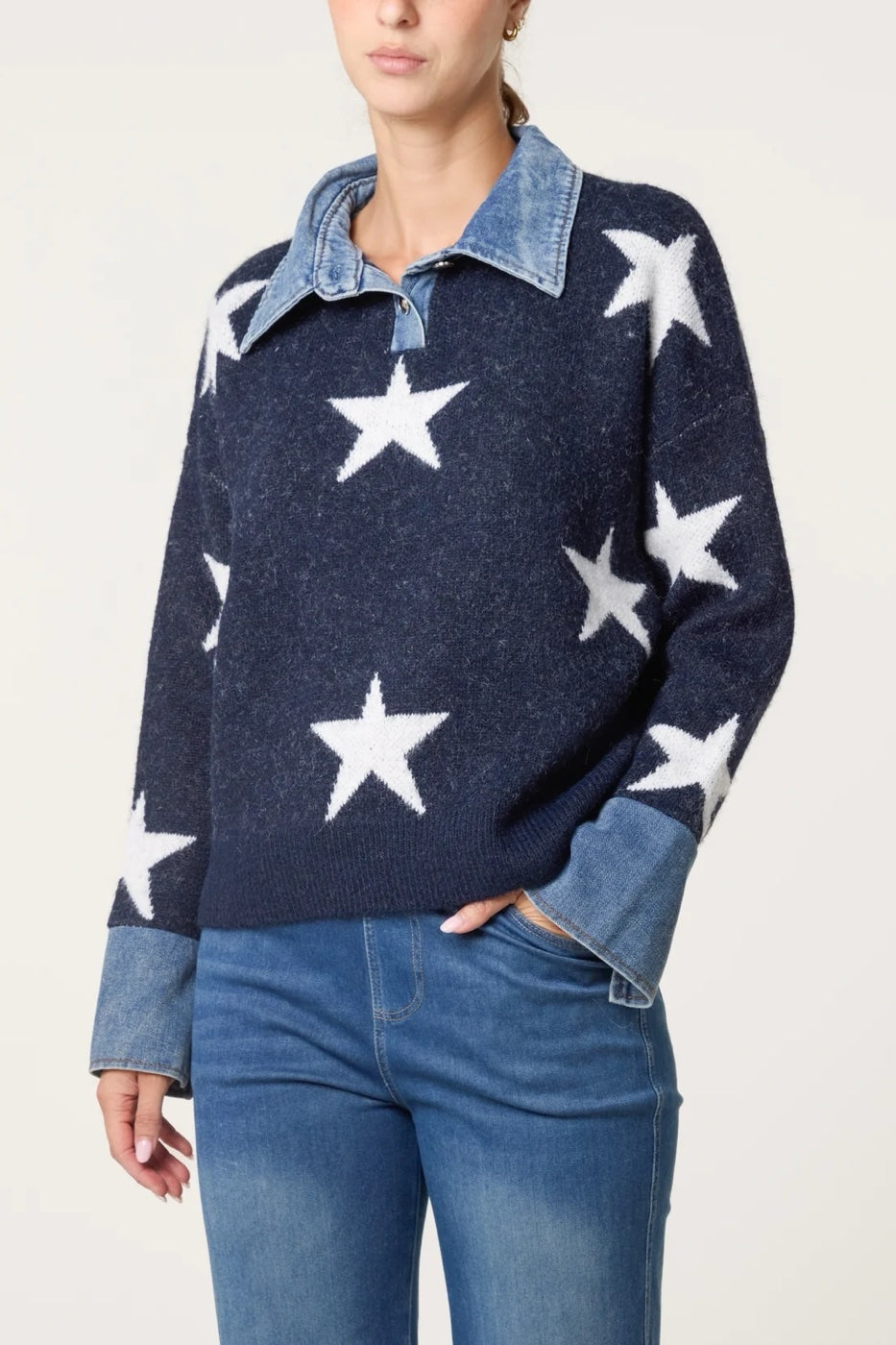 Star Print Jumper with Denim Collar - Navy